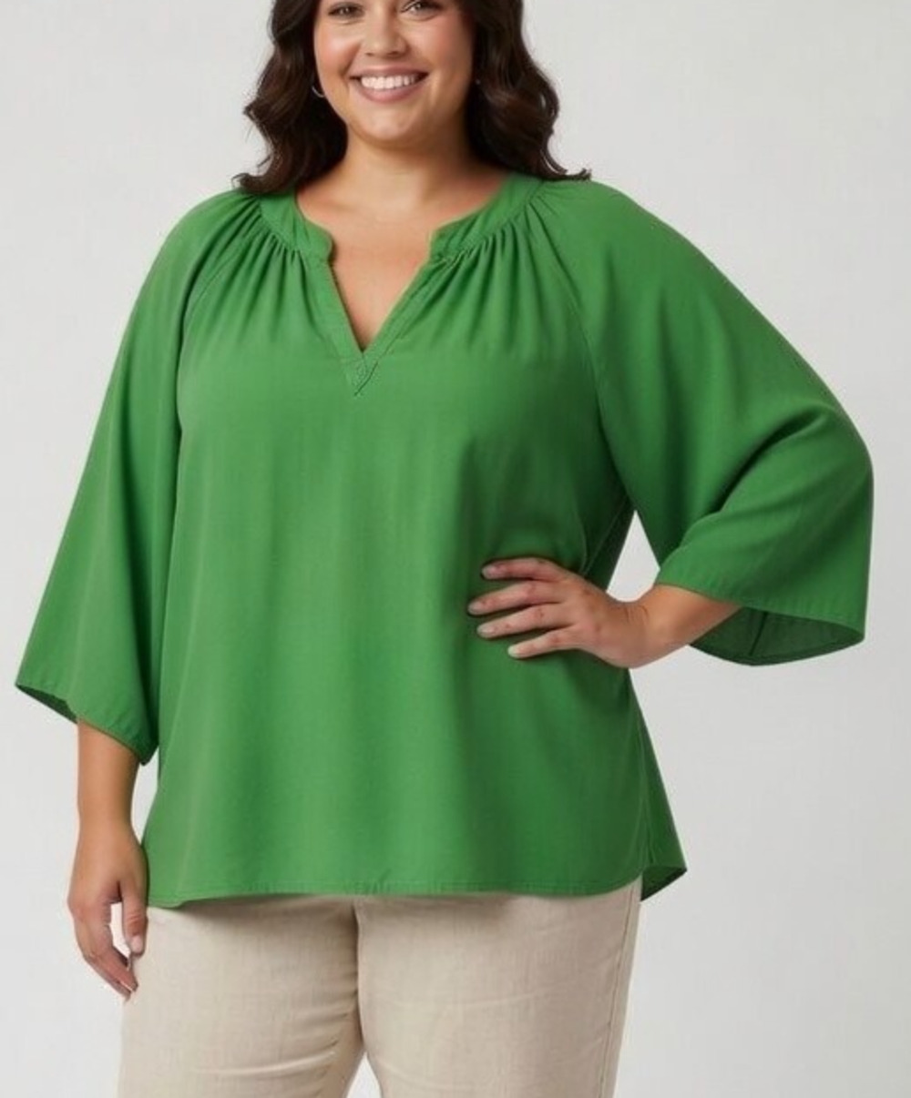 Escapada 1X Green Rayon Tunic V Neck Wide Sleeve Boho Flowy Blouse Top Resort
